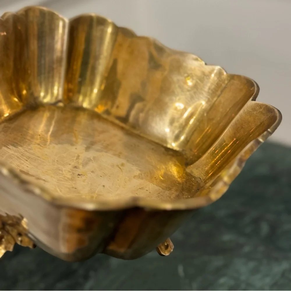 Vintage   Brass Bowl  Gold Planter Footed Dish Segmented Scalloped